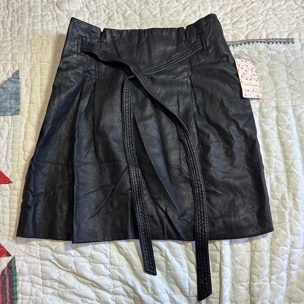 Free People Mini Skirt OB1053690 Black Faux Leather Tie Waist